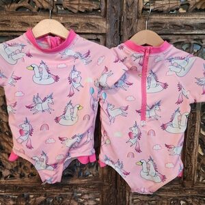Twin Girl Bundle! Wippette Pink Unicorn Kids Rashguard Swimsuits. 18m.